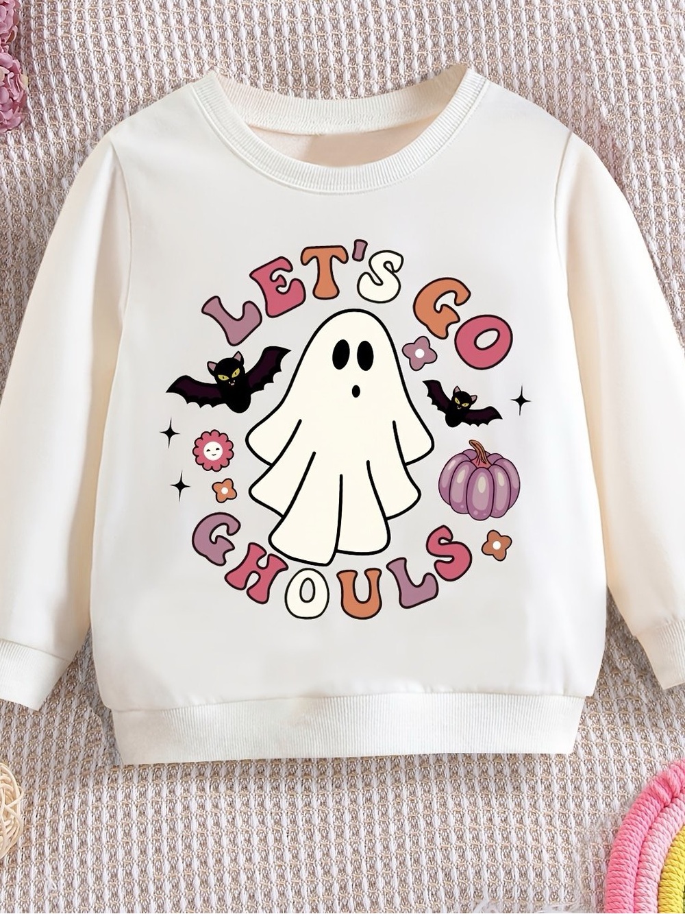 SHEIN Cream Kids Halloween Ghost Graphic Sweatshirt with Pink & Purple Accents